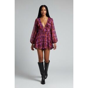 Anthropologie Hutch Long Sleeve Deep V-Neck Romper Purple Gold Plaid Size Small